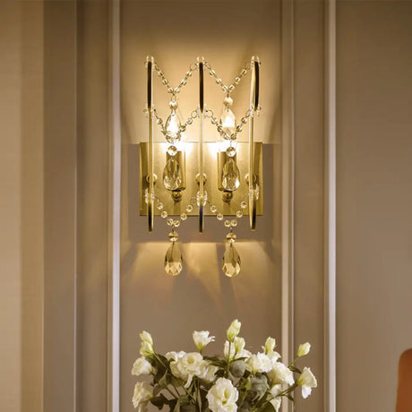 Vintage Exposed Sconce With Metallic Chrome Finish Clear Crystal Beads And 2 Bulbs For Living Room
