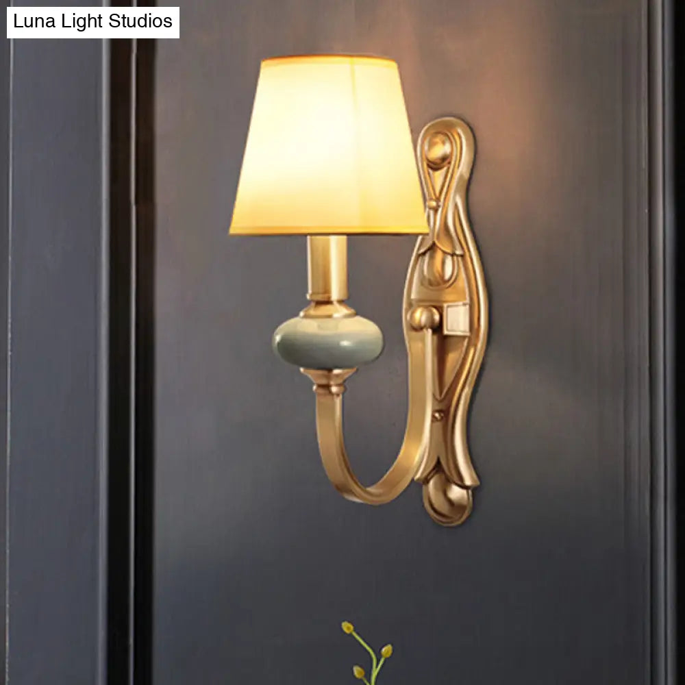 Vintage Fabric Brass Wall Sconce With Tapered Shade - 1 Light Mount Fixture For Living Room