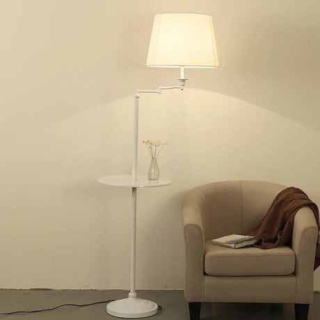 Vintage Fabric Cone Floor Lamp With Tray - Elegant Standing Light For Living Room Flaxen