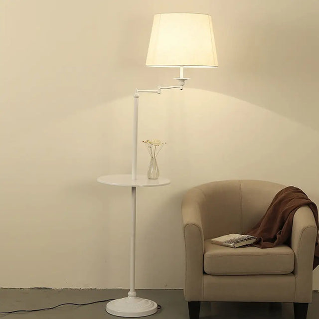Vintage Fabric Cone Floor Lamp With Tray - Elegant Standing Light For Living Room Flaxen
