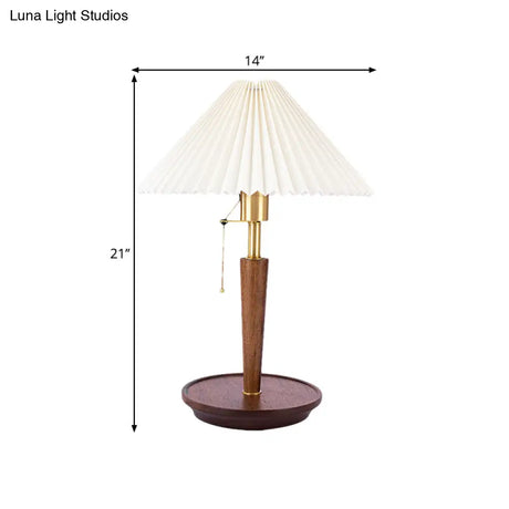 Vintage Fabric Fluted Cone Table Light With Wooden Base And Pull Chain - Ideal For Bedroom Reading