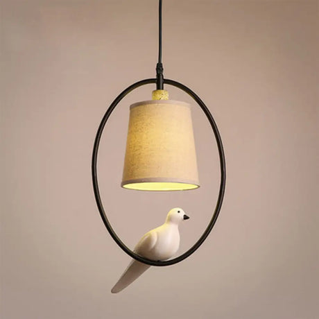 Vintage Fabric Pendant Light With Resin Bird Decor In White 1 /