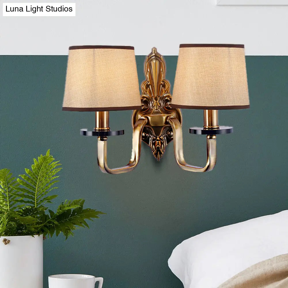 Vintage Fabric Shade Gold Wall Sconce Elegant 1/2-Light Barrel Mount Fixture Ideal For Living Room