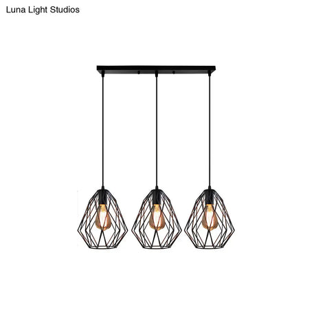 Vintage Faceted Cage Ceiling Fixture 3 Bulbs Pendant Lighting Black Metal For Dining Table