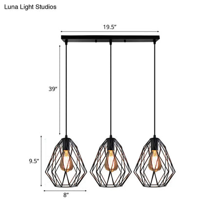 Vintage Faceted Cage Ceiling Fixture 3 Bulbs Pendant Lighting Black Metal For Dining Table