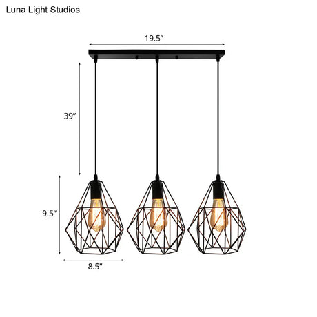 Vintage Faceted Cage Ceiling Fixture 3 Bulbs Pendant Lighting Black Metal For Dining Table