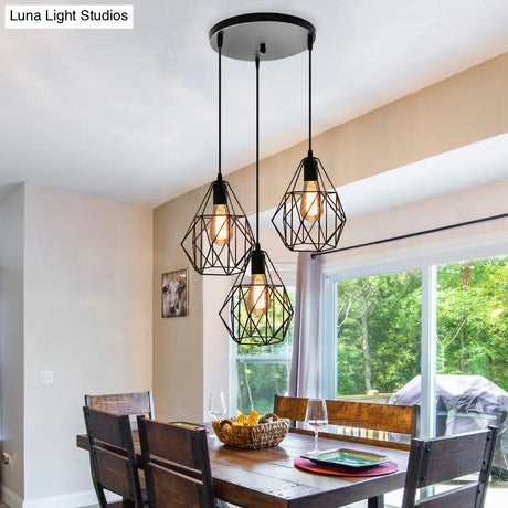 Vintage Faceted Cage Ceiling Fixture 3 Bulbs Pendant Lighting Black Metal For Dining Table