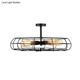 Vintage Fan Shaped 5-Light Iron Ceiling Light With Wire Cage Shade - Semi Flush Mount In Rust/Black