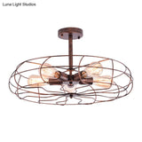 Vintage Fan Shaped 5-Light Iron Ceiling Light With Wire Cage Shade - Semi Flush Mount In Rust/Black