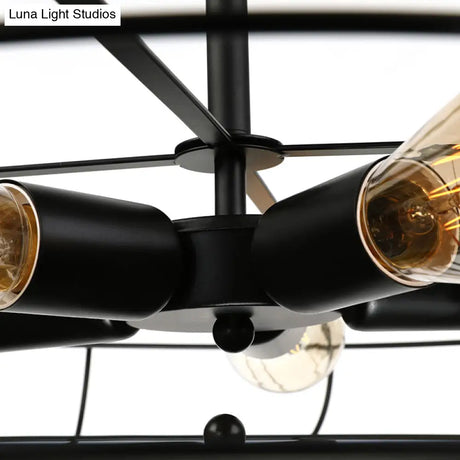 Vintage Fan Shaped 5-Light Iron Ceiling Light With Wire Cage Shade - Semi Flush Mount In Rust/Black