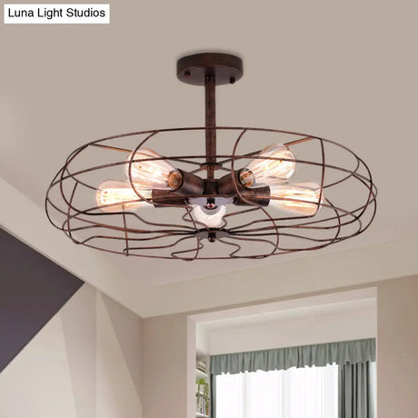 Vintage Fan Shaped 5-Light Iron Ceiling Light With Wire Cage Shade - Semi Flush Mount In Rust/Black