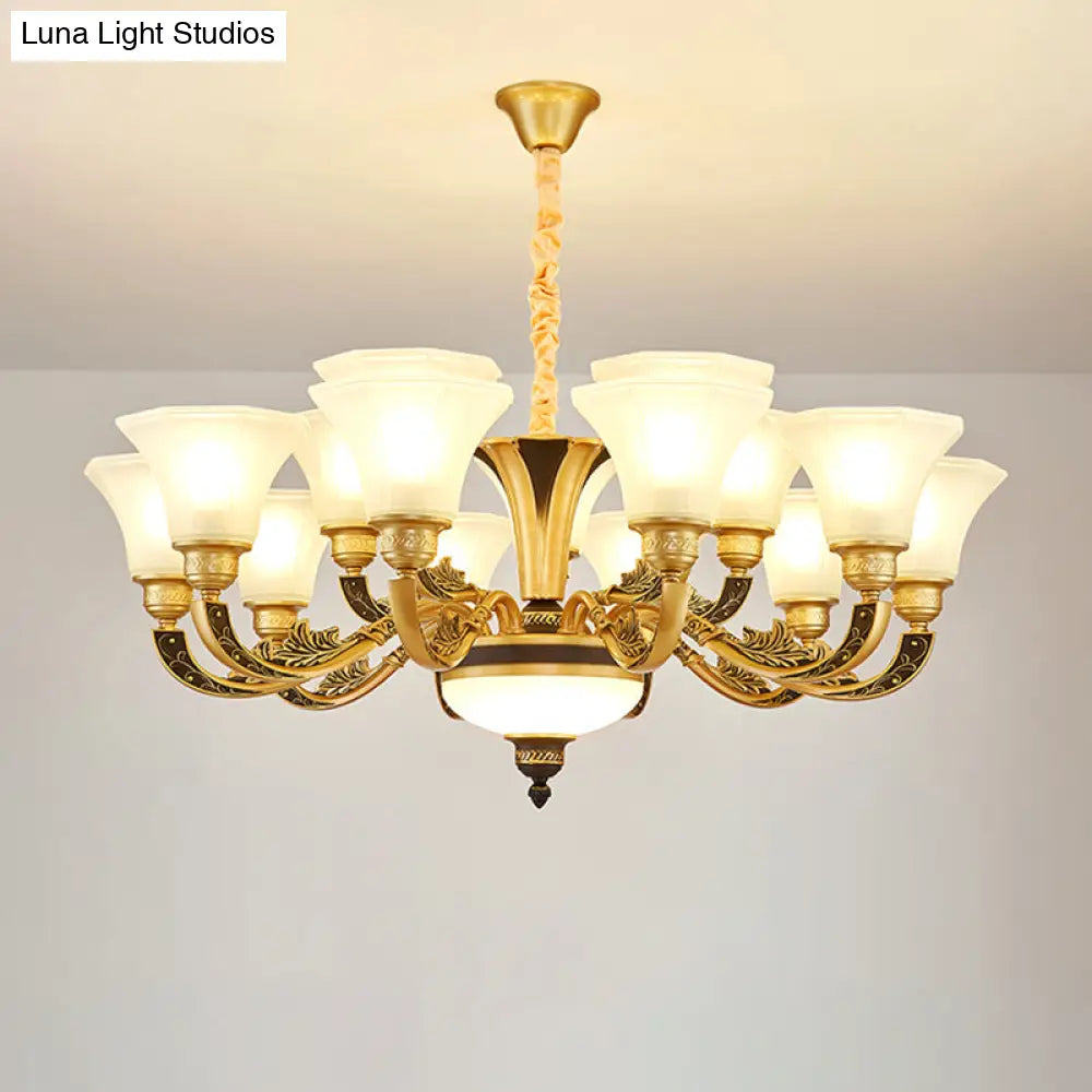 Vintage Flared Suspension Chandelier For Living Room - Cream Frosted Glass Light