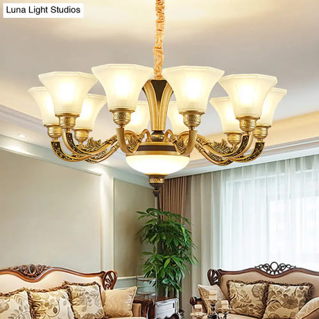Vintage Flared Suspension Chandelier For Living Room - Cream Frosted Glass Light