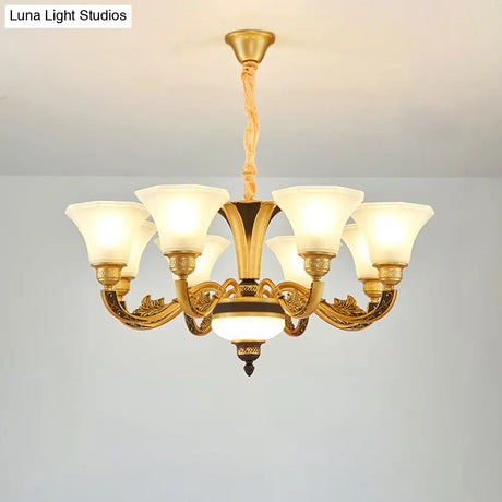 Vintage Flared Suspension Chandelier For Living Room - Cream Frosted Glass Light