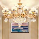 Vintage Floral Chandelier Pendant Light With Crystal - Cream Glass And Gold Finish 10 /
