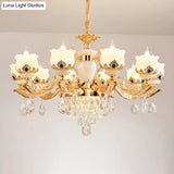 Vintage Floral Chandelier Pendant Light With Crystal - Cream Glass And Gold Finish