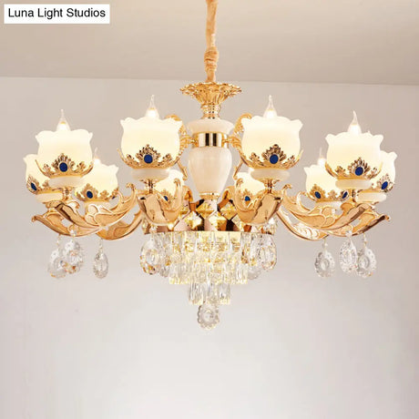 Vintage Floral Chandelier Pendant Light With Crystal - Cream Glass And Gold Finish
