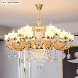 Vintage Floral Chandelier Pendant Light With Crystal - Cream Glass And Gold Finish
