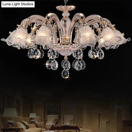 Vintage Floral Chandelier Pendant With Ribbed Ruffle Glass And Crystal Accent