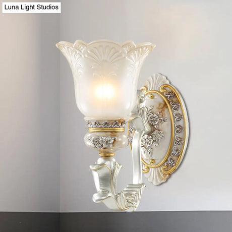 Vintage Floral Wall Lamp Kit With Frosted Glass Shade For Living Room Sconce Light In White-Gold