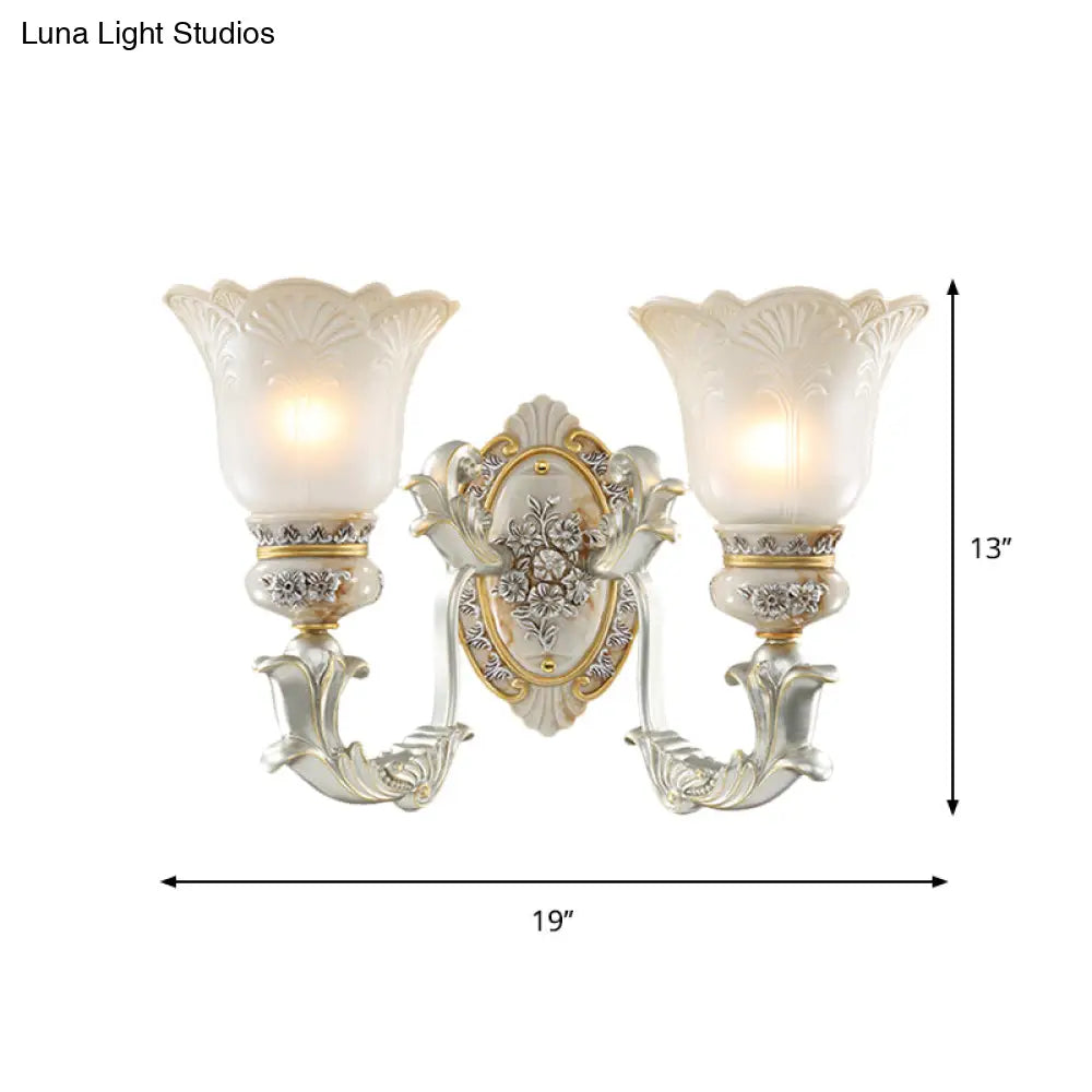 Vintage Floral Wall Lamp Kit With Frosted Glass Shade For Living Room Sconce Light In White-Gold
