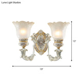 Vintage Floral Wall Lamp Kit With Frosted Glass Shade For Living Room Sconce Light In White-Gold