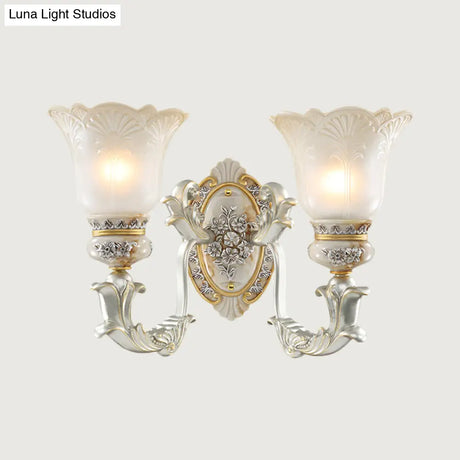 Vintage Floral Wall Lamp Kit With Frosted Glass Shade For Living Room Sconce Light In White-Gold