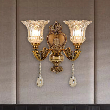 Vintage Floral Wall Sconce With Beveled Crystal Prism And Brass Finish 2 /