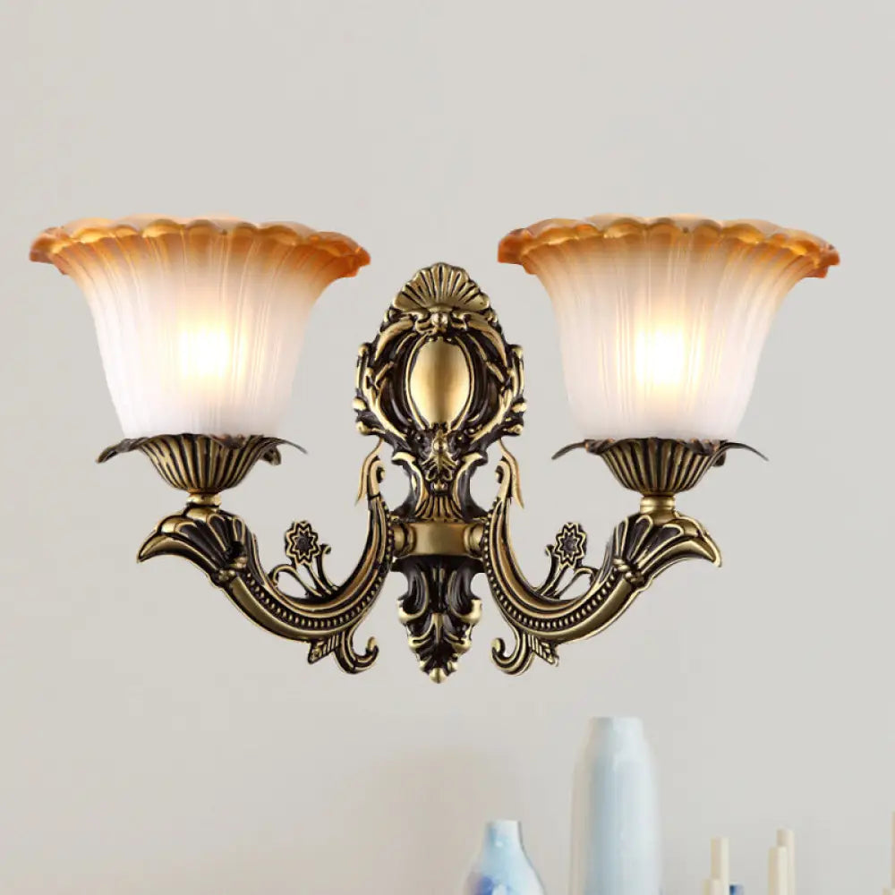 Vintage Floral Wall Sconce With Frosted Glass And Carved Brass Arm 2 /