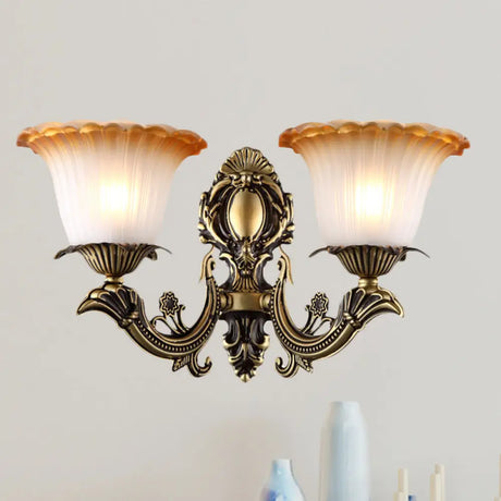 Vintage Floral Wall Sconce With Frosted Glass And Carved Brass Arm 2 /
