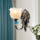 Vintage Floral Wall Sconce With Frosted Glass Shade - Bronze Metal Curvy Arm Bedroom Décor 1 /
