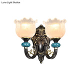 Vintage Floral Wall Sconce With Frosted Glass Shade - Bronze Metal Curvy Arm Bedroom Décor