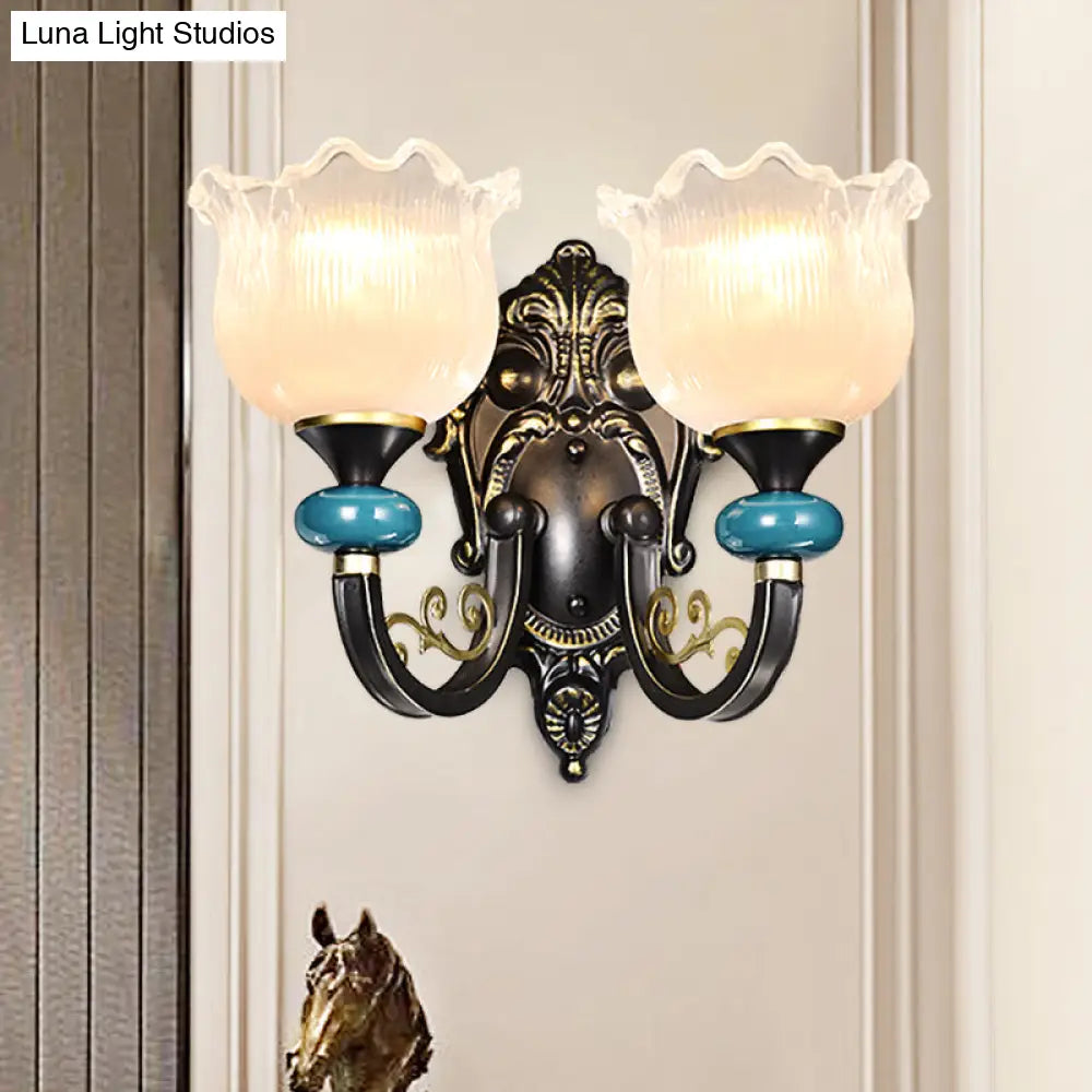 Vintage Floral Wall Sconce With Frosted Glass Shade - Bronze Metal Curvy Arm Bedroom Décor