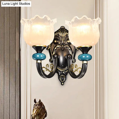 Vintage Floral Wall Sconce With Frosted Glass Shade - Bronze Metal Curvy Arm Bedroom Décor