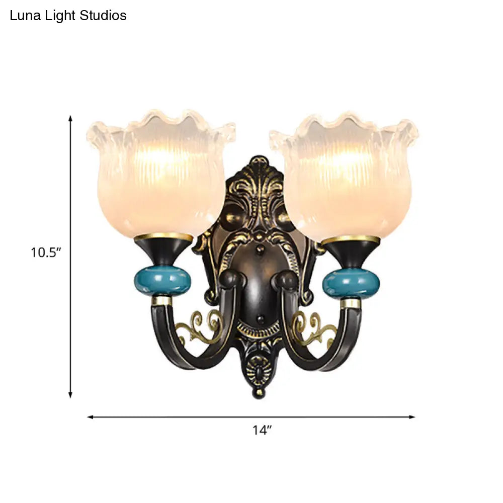 Vintage Floral Wall Sconce With Frosted Glass Shade - Bronze Metal Curvy Arm Bedroom Décor