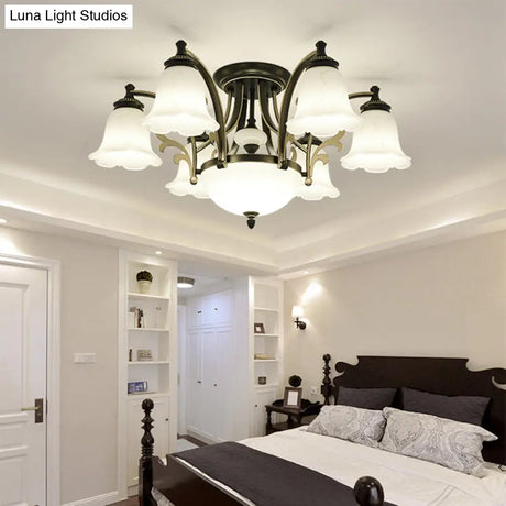 Vintage Floral White Glass Ceiling Lamp With 3/6/8 Lights For Dining Room - Semi Flush Mount In