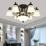 Vintage Floral White Glass Ceiling Lamp With 3/6/8 Lights For Dining Room - Semi Flush Mount In