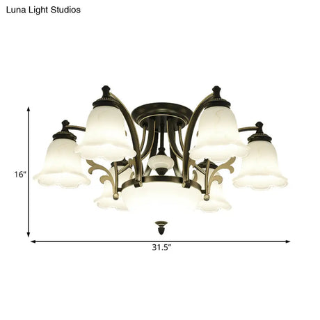 Vintage Floral White Glass Ceiling Lamp With 3/6/8 Lights For Dining Room - Semi Flush Mount In