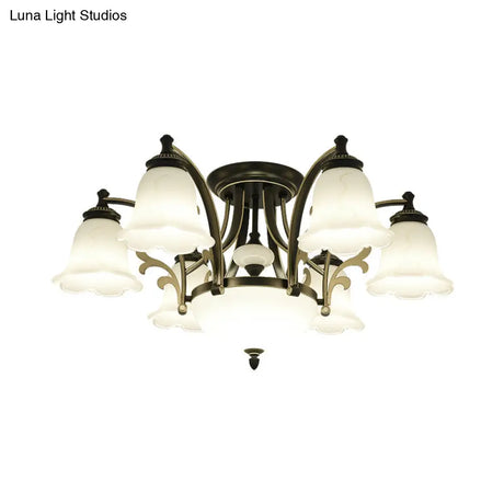 Vintage Floral White Glass Ceiling Lamp With 3/6/8 Lights For Dining Room - Semi Flush Mount In