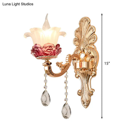 Vintage Flower Milk Glass Wall Sconce - Brass Finish With Clear Crystal Decoration