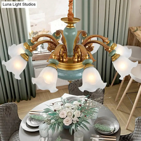 Vintage Flower Opal Frosted Glass Chandelier: Brown-Blue Hanging Light For Living Room