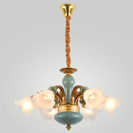 Vintage Flower Opal Frosted Glass Chandelier: Brown-Blue Hanging Light For Living Room 6 / Brown