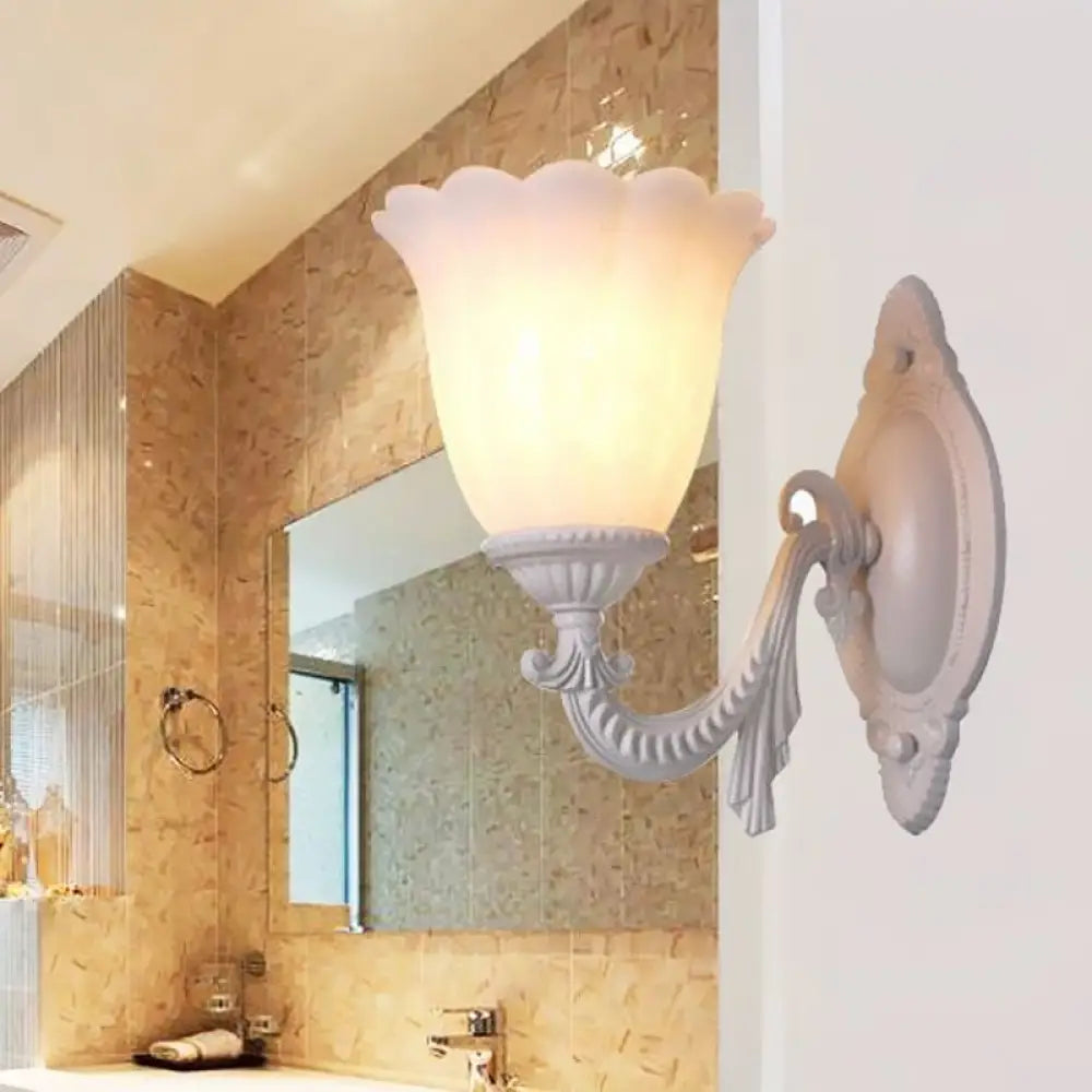 Vintage Flower White Glass Sconce Light With Curved Arm - Wall Mounted Lighting For Living Room 1 /