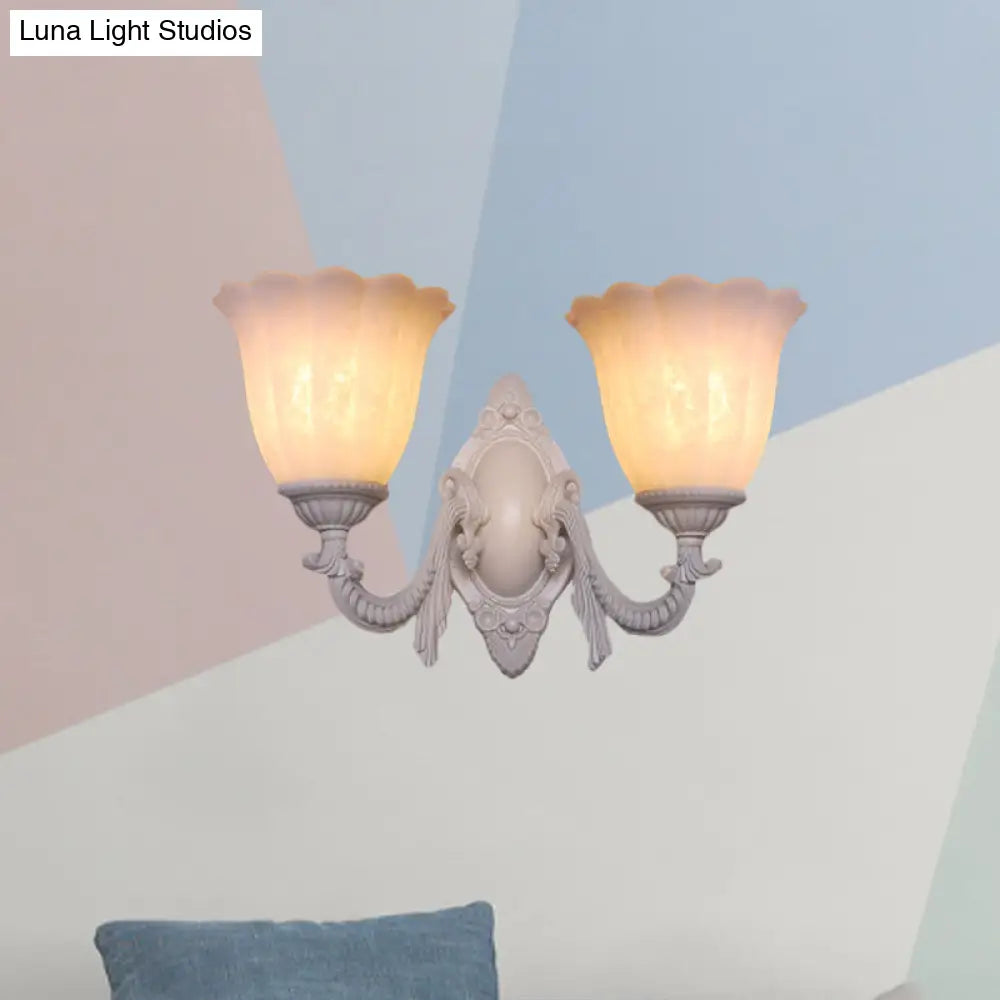 Vintage Flower White Glass Sconce Light With Curved Arm - Wall Mounted Lighting For Living Room