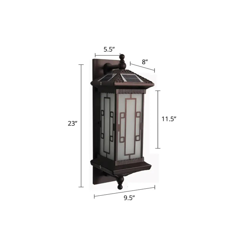 Vintage Frosted Glass Solar Lantern Sconce - Led Wall Light In Coffee / Cylinder
