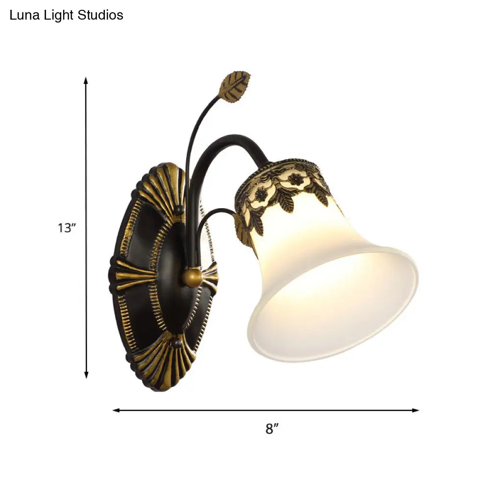 Vintage Frosted Glass Wall Sconce With Curved Arm - Black Bell 1/2-Light Fixture For Foyer