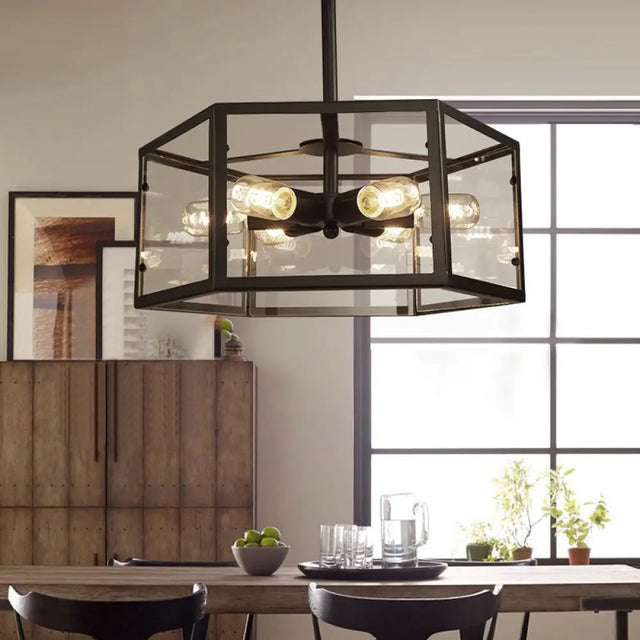 Vintage Geometric Clear Glass Ceiling Light With 6 Bulbs - Black Semi Flush Mount For Kitchen / B