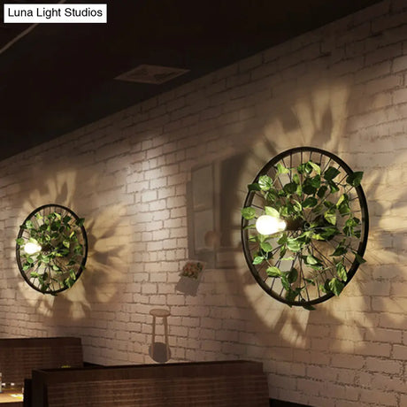 Vintage Geometric Wall Mount Light With Plant Decor - 1 Head Iron Fixture In Black