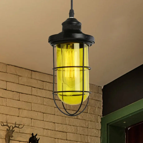 Vintage Glass Caged Pendant Light In Black - Single-Bulb Hanging Ceiling Fixture For Living Room