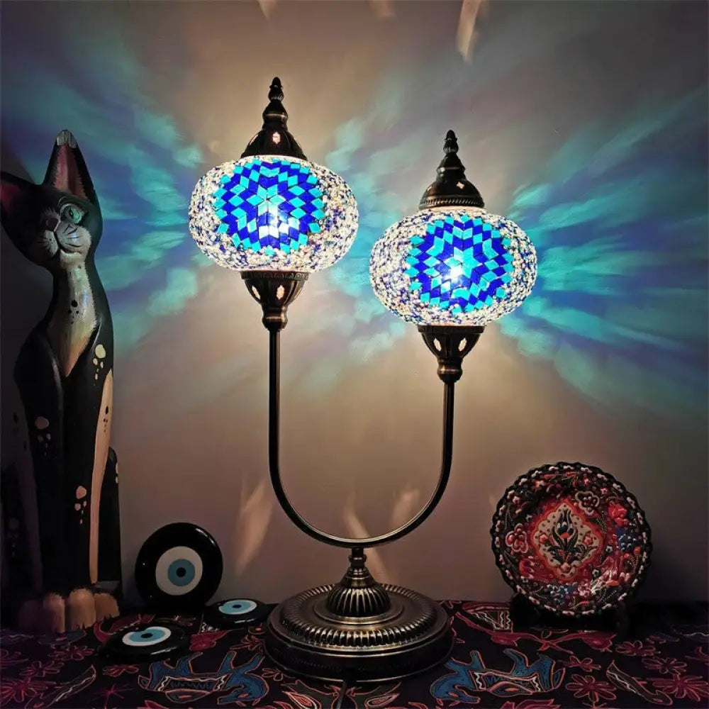 Vintage Glass Desk Lamp With 2 Elliptical Hand-Cut Heads For Bedroom Nightstand In